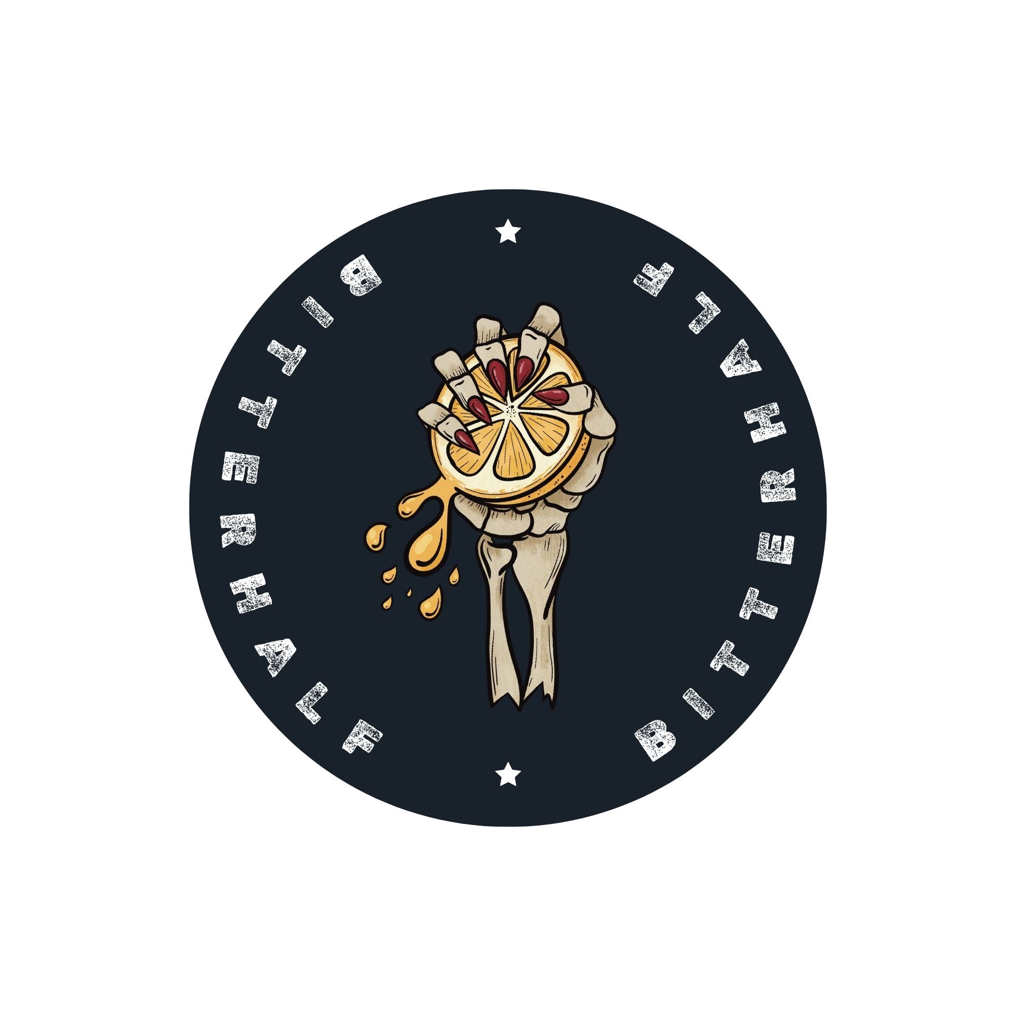 Circular design with skeleton hand holding a juicy half lemon, surrounded by text saying "Bitterhalf" on a black background