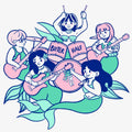 Illustration of mermaids playing instruments with a 'Bitter Half' logo and sign.