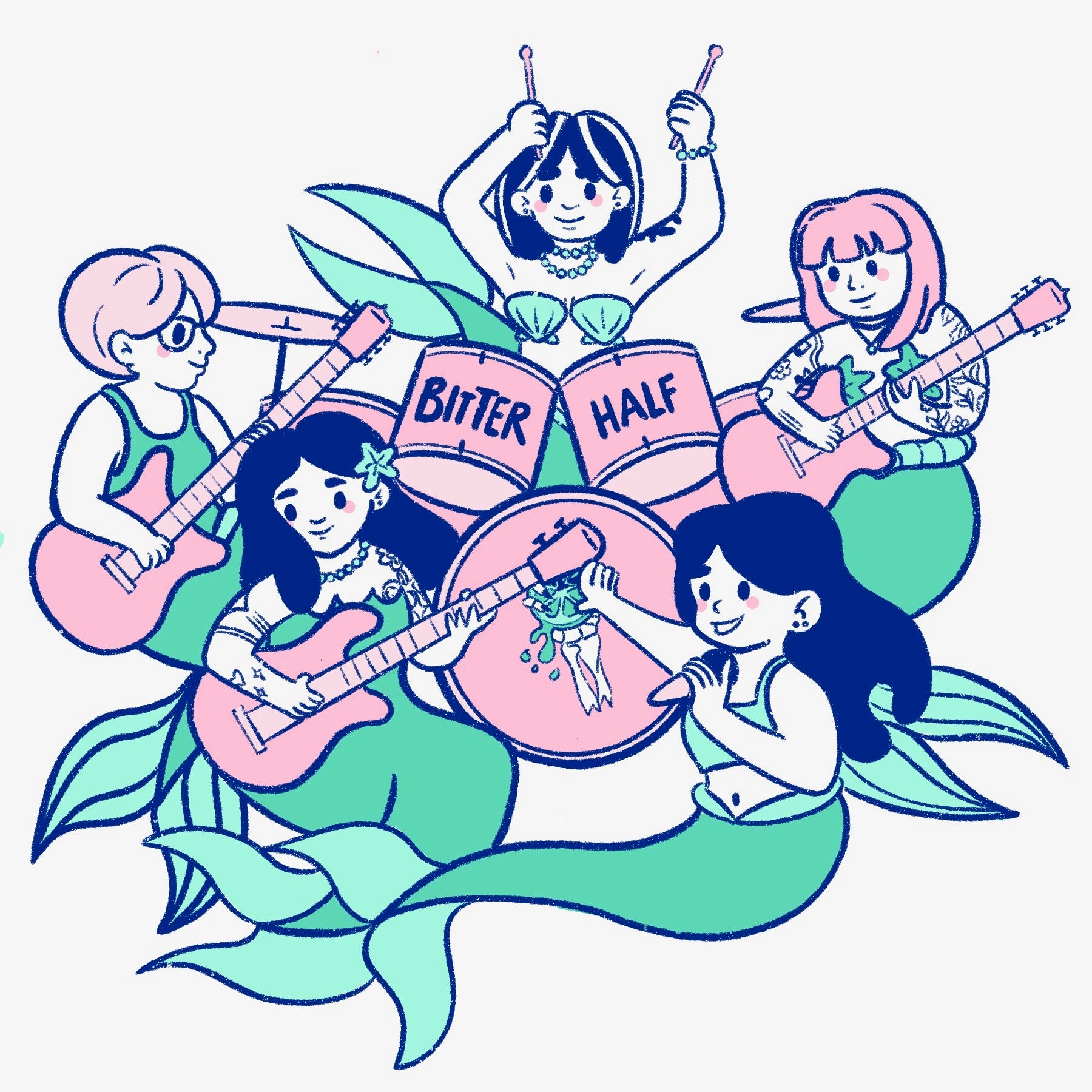 Illustration of mermaids playing instruments with a 'Bitter Half' logo and sign.